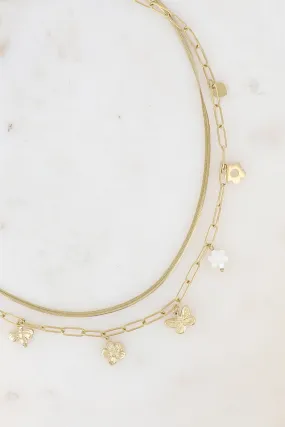 2-reihige Halskette – Spiegelgeflecht mit Blumen, Herz, Schmetterling und Biene