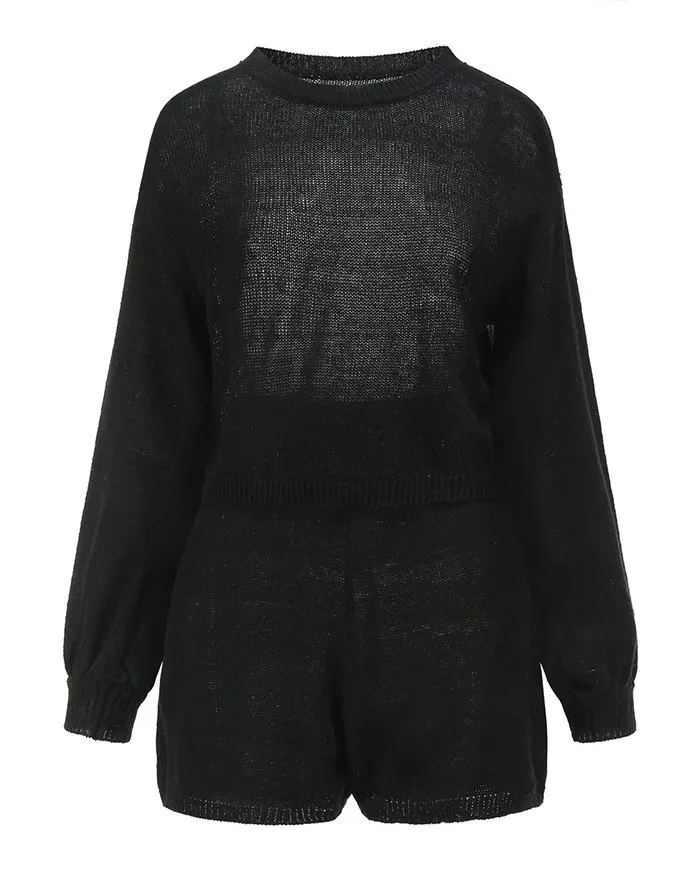 Drop Shoulder Knit Sweater & Tie Waist Shorts Set