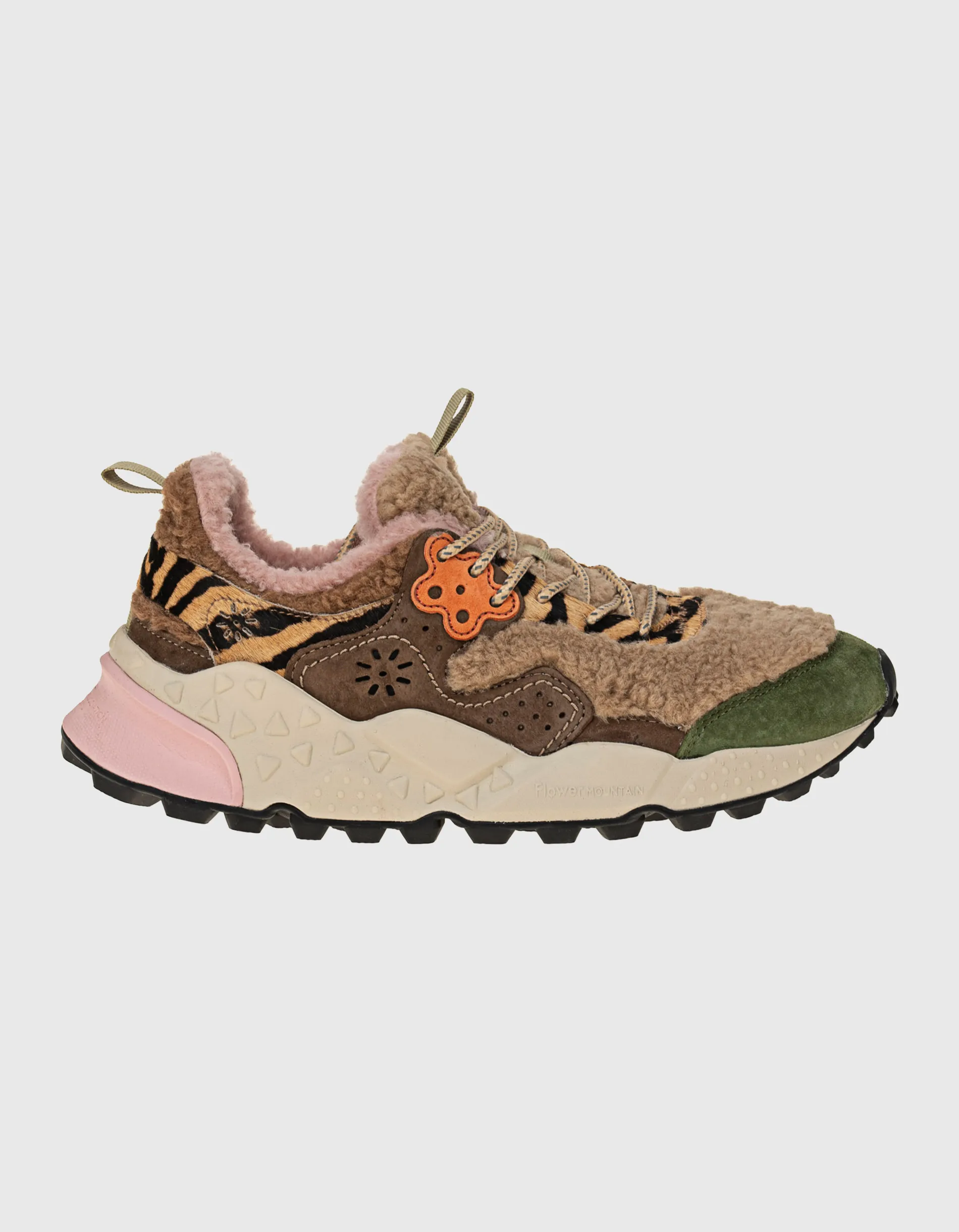 Flower Mountain Kotetsu Suede Pony Kaki Beige Multi // Veloursleder Sneaker mit Teddyfelldetails