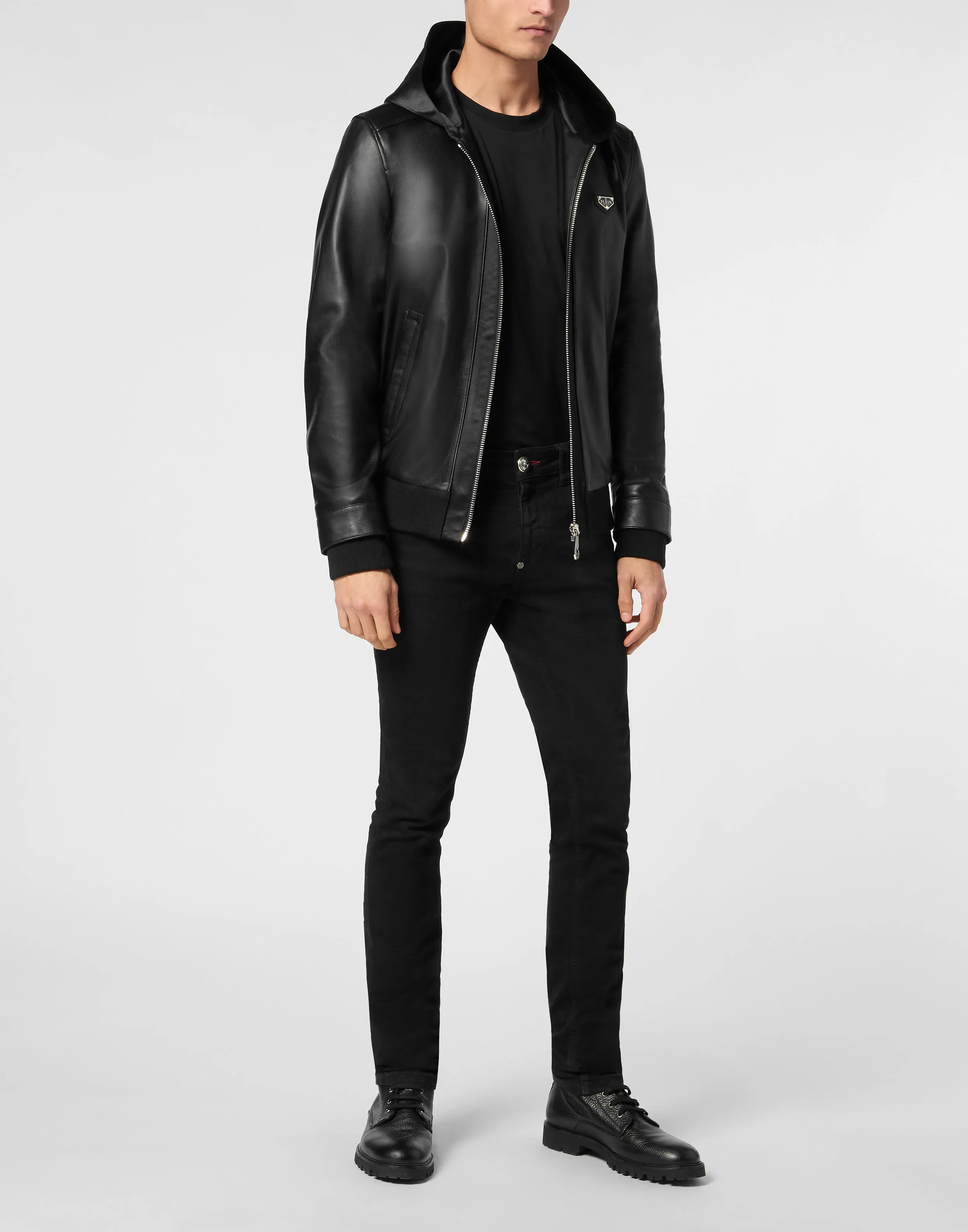 Nappa Leather Hooded Bomber Jacket