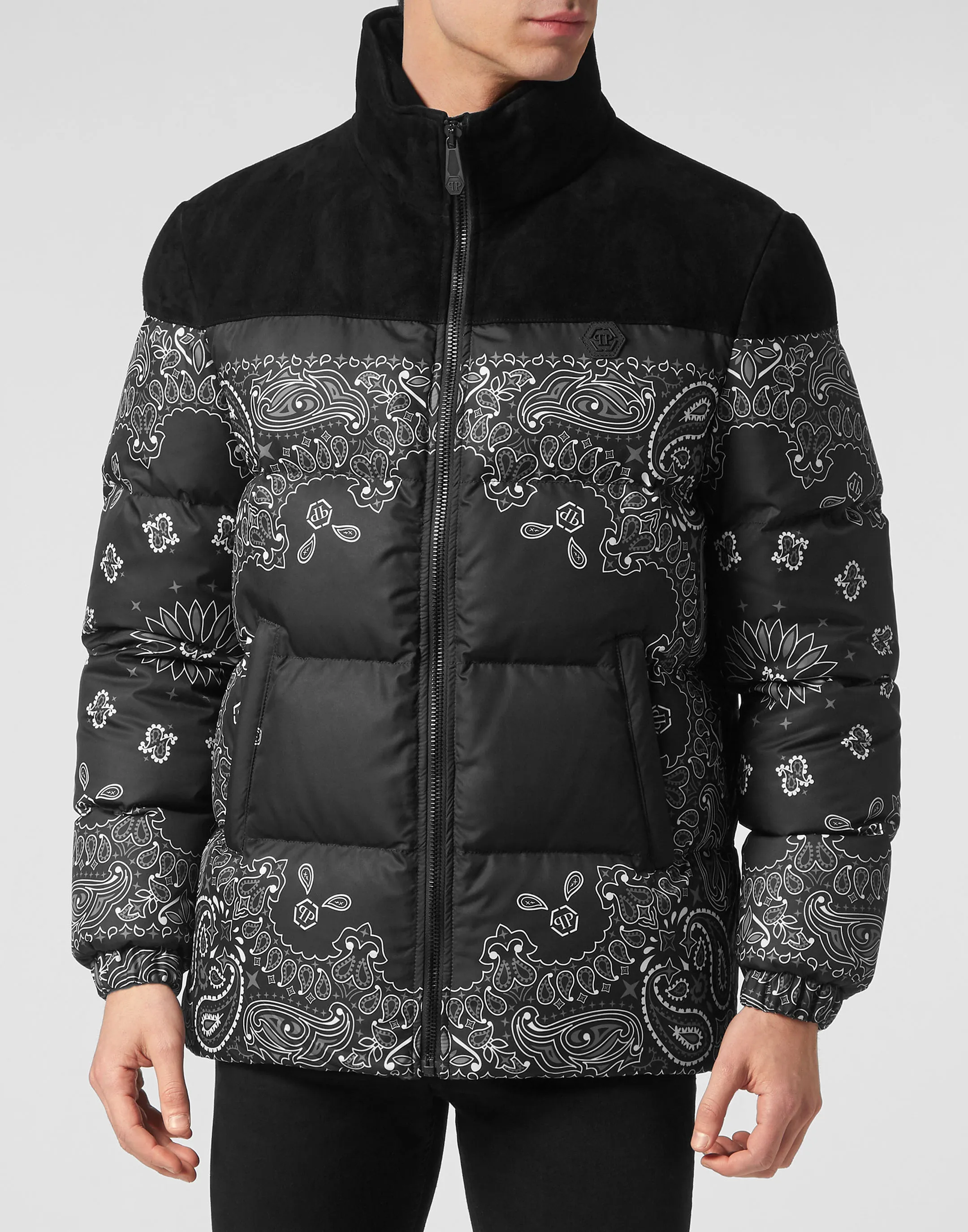Nylon and Suede Down Jacket Paisley Bandana