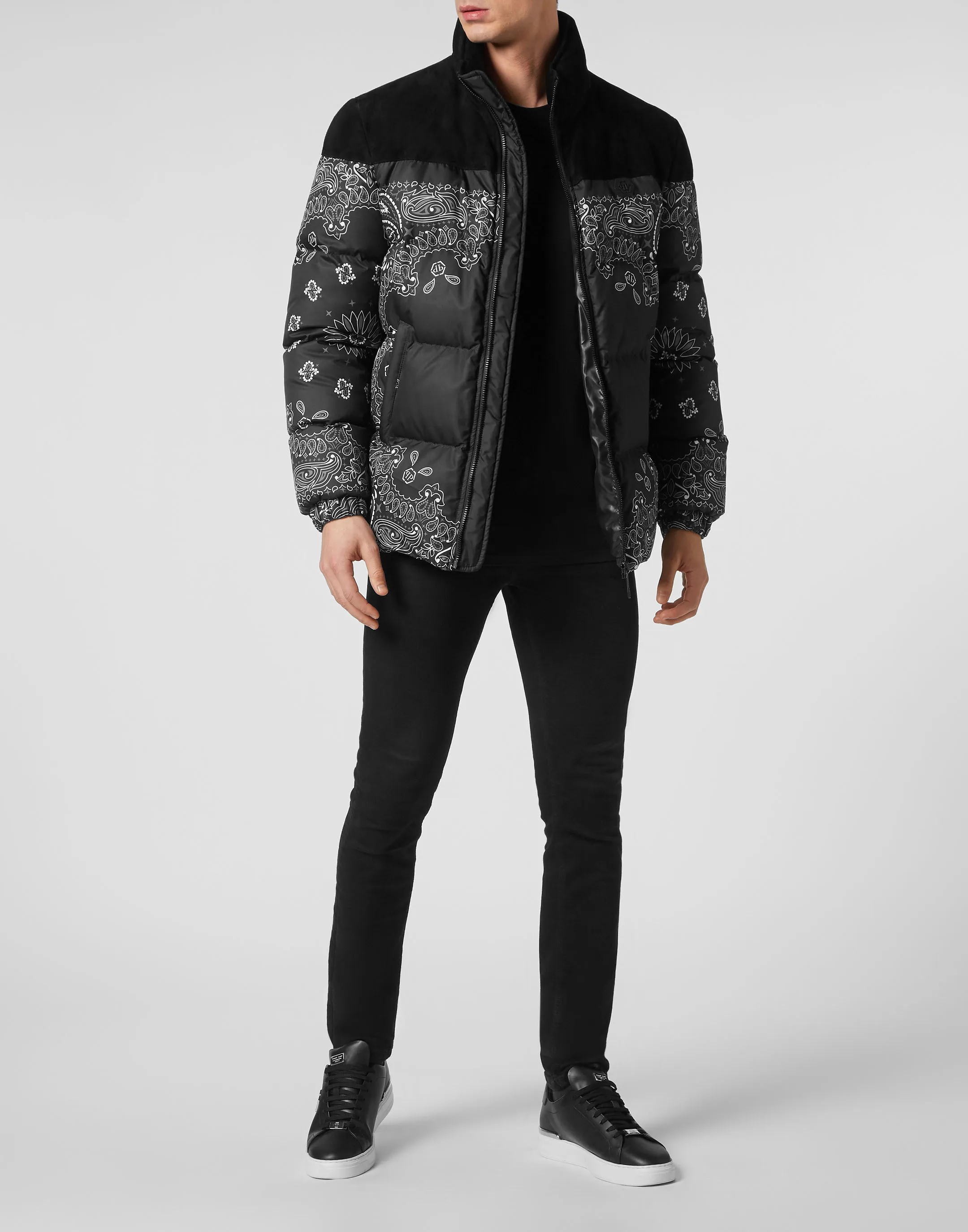 Nylon and Suede Down Jacket Paisley Bandana