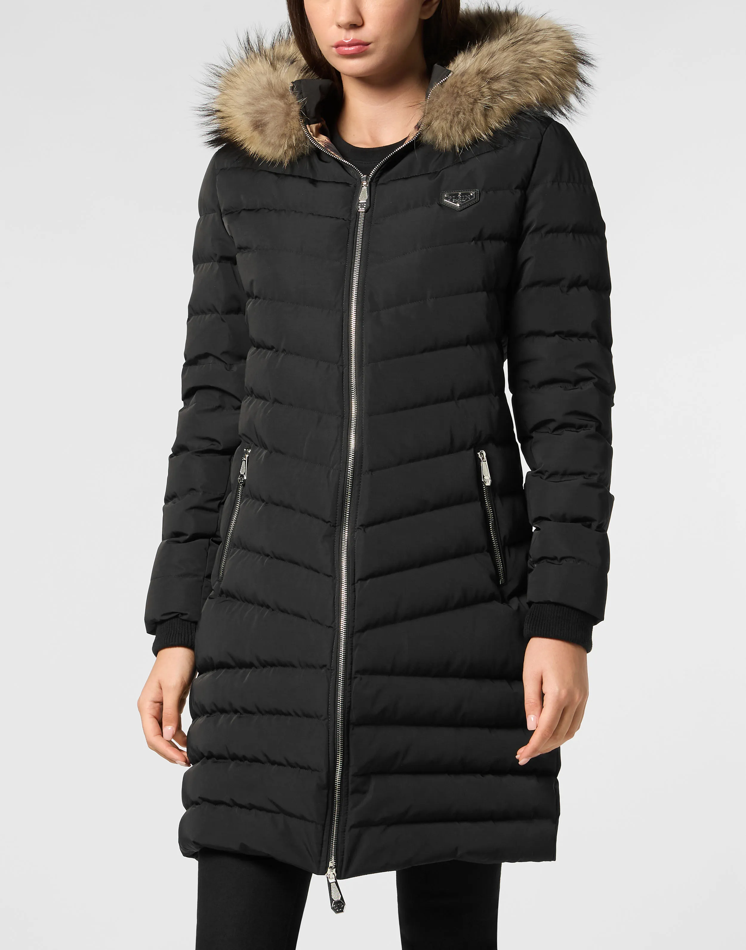 Nylon Puffer Long Down Jacket with Fur Collar