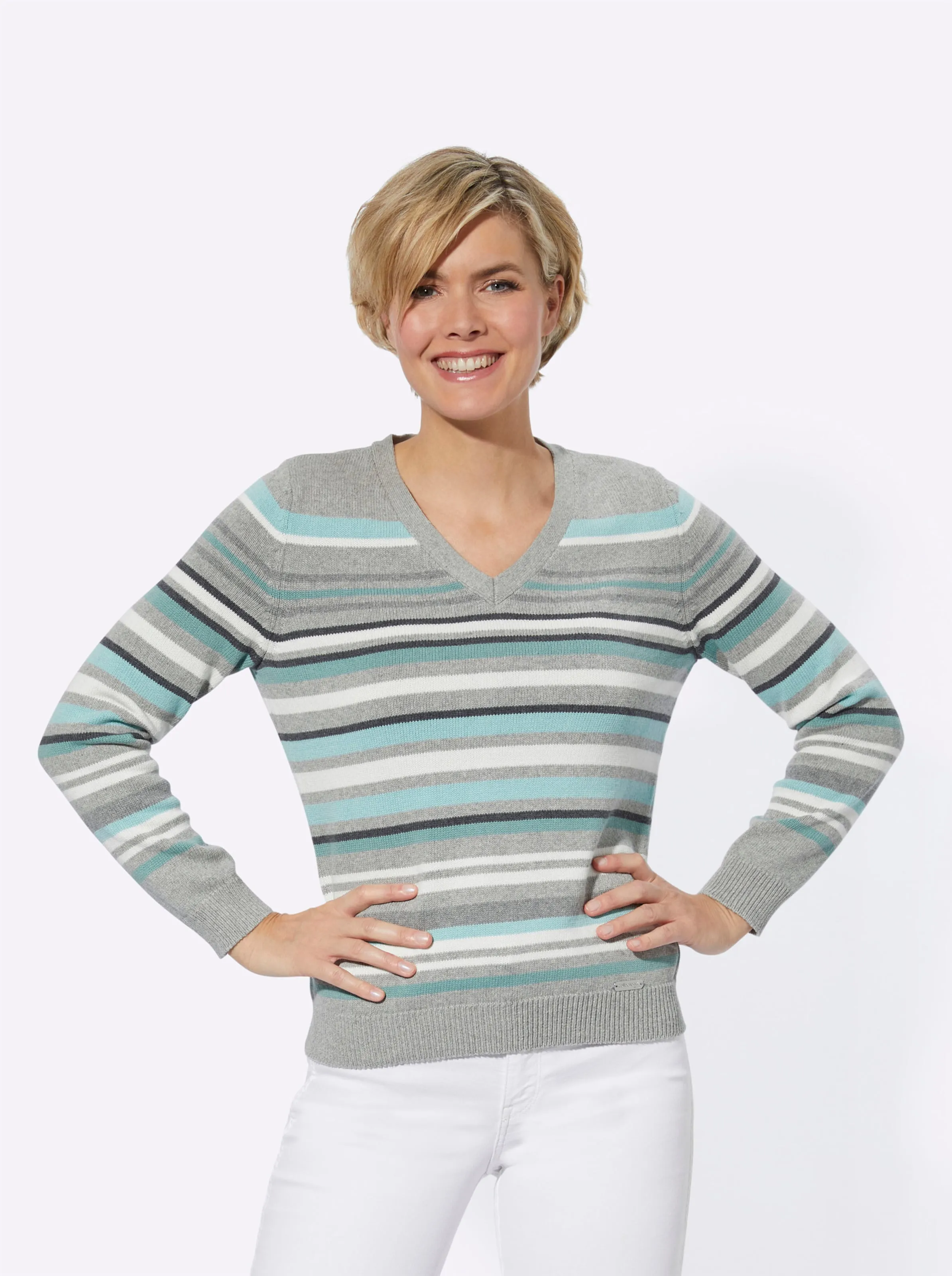 Pullover in grau-mint-gestreift