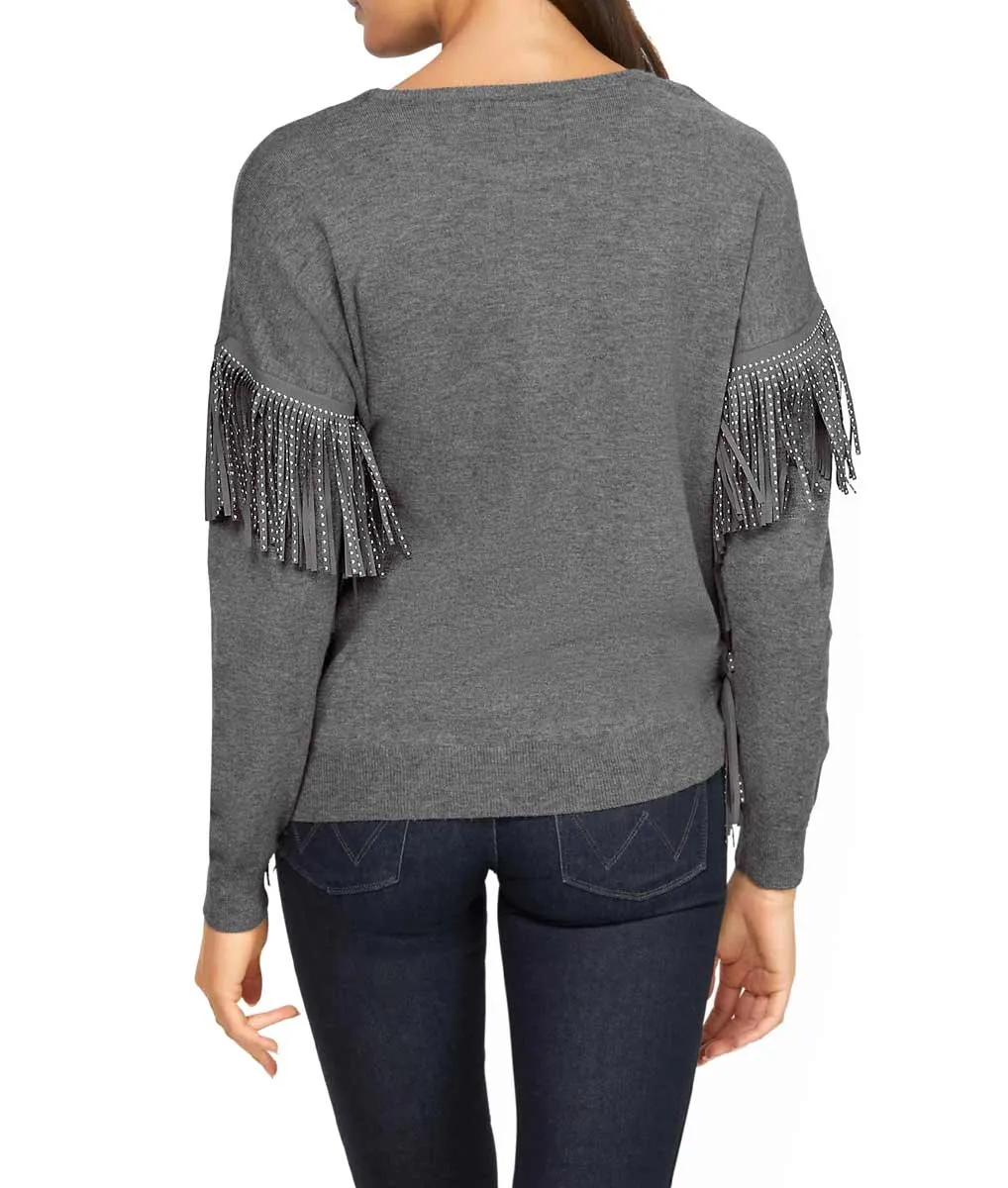 Pullover m. Fransen u. Nieten, grau