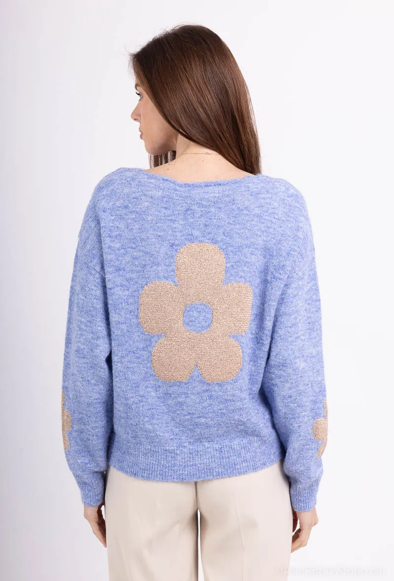 Pullover mit V-Ausschnitt und glänzenden Blumen RONEL