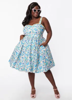 Unique Vintage x The Smurfs Smurf Floral Pinafore 50's Swingkleid Blau